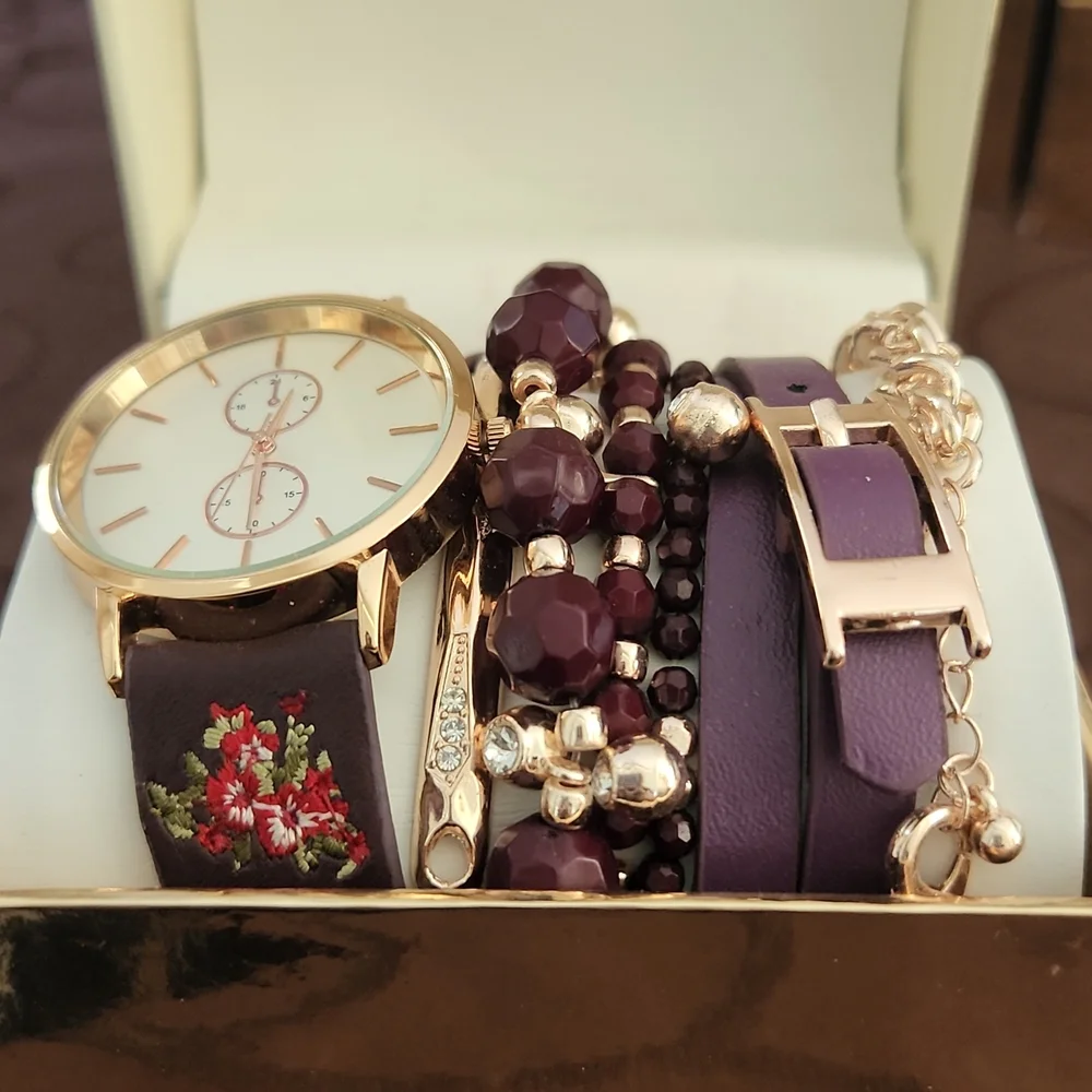 Jessica Carlyle Watch & Bracelet Set - Purple and Gold
